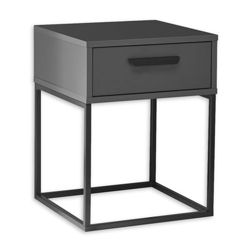 SUNA Nachttisch in Graphit - Moderner Nachtschrank mit Schublade und schwarzem Metallgestell - 40 x 52 x 38,5 cm (B/H/T) von Stella Trading