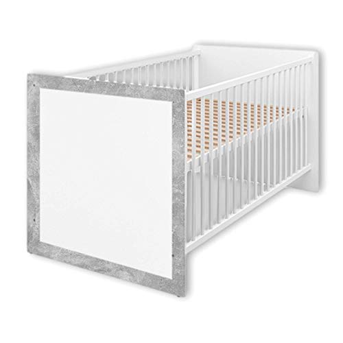 TIMO Sicheres Babybett mit 70 x 140 cm Liegefläche - Schönes Baby Gitterbett für einen geborgenen Schlaf in Beton-Optik, Weiß - 77 x 78 x 144 cm (B/H/T) von Stella Trading