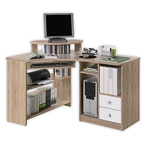Stella Trading TANGA Eckschreibtisch mit Tastaturauszug & Aufsatz in Eiche Sonoma Optik, Weiß - Kompakter Bürotisch Computertisch mit Ablagefächern - 135 x 94 x 95 cm (B/H/T) von Stella Trading