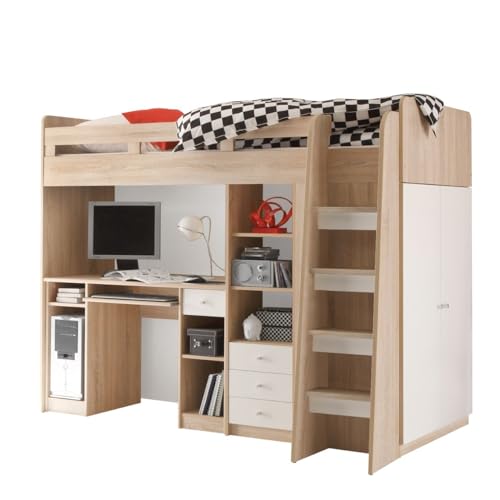 Stella Trading UNIT Hochbett mit Schreibtisch und Schrank 90 x 200 cm - Platzsparendes Kinder Etagenbett in Sonoma Eiche Optik, weiß - 95 x 160 x 204 cm (B/H/T) von Stella Trading