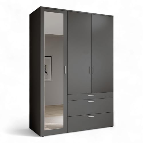 Stella Trading VESALA Kleiderschrank mit Spiegeltür in Graphit - Vielseitiger Drehtürenschrank 3-türig für Ihr Schlafzimmer - 135 x 195 x 56 cm (B/H/T) von Stella Trading