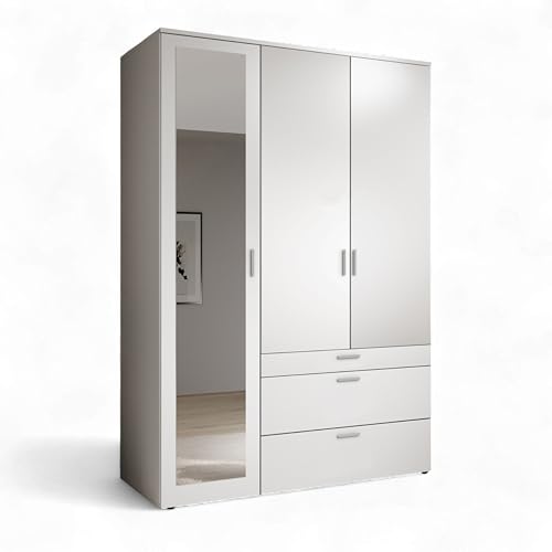 Stella Trading VESALA Kleiderschrank mit Spiegeltür in Weiß - Vielseitiger Drehtürenschrank 3-türig für Ihr Schlafzimmer - 135 x 195 x 56 cm (B/H/T) von Stella Trading