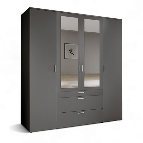Stella Trading VESALA Kleiderschrank mit Spiegeltüren in Graphit - Vielseitiger Drehtürenschrank 4-türig für Ihr Schlafzimmer - 180 x 195 x 56 cm (B/H/T) von Stella Trading