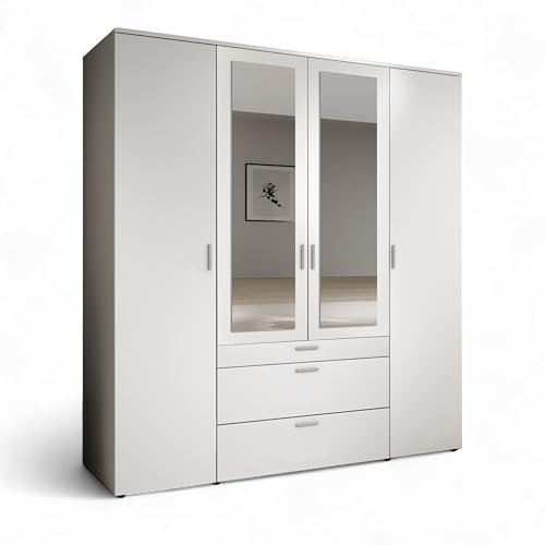 Stella Trading VESALA Kleiderschrank mit Spiegeltüren in Weiß - Vielseitiger Drehtürenschrank 4-türig für Ihr Schlafzimmer - 180 x 195 x 56 cm (B/H/T) von Stella Trading