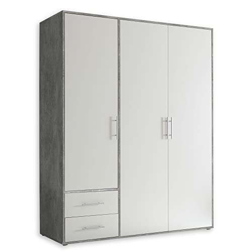 Stella Trading Kleiderschrank in Beton Optik, Weiß - Vielseitiger Drehtürenschrank 3-türig mit viel Stauraum für Ihr Schlafzimmer - 155 x 195 x 60 cm (B/H/T) von Stella Trading