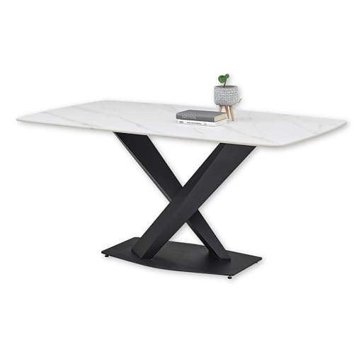 Stella Trading Ventura Esstisch in Marmor Optik, Weiß - Außergewöhnlicher Esszimmertisch mit schwarzem Metallgestell für Ihr Esszimmer - 180 x 75 x 90 cm (B/H/T) von Stella Trading