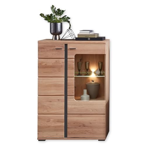 Stella Trading Vitrine massiv, Optik FSC-Zertifiziert-Moderner Vitrinenschrank mit LED-Beleuchtung und viel Stauraum, Altesche/Old Artisan Oak, 90 x 134 x 38 cm von Stella Trading