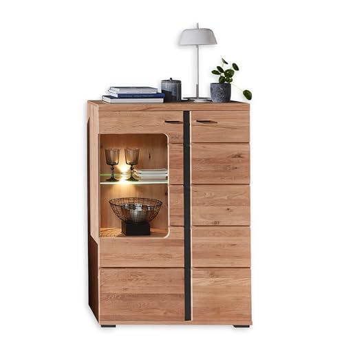 Stella Trading Vitrine in Altesche massiv, Old Artisan Oak Optik FSC-Zertifiziert - Moderner Vitrinenschrank mit LED-Beleuchtung und viel Stauraum - 90 x 134 x 38 cm (B/H/T) von Stella Trading