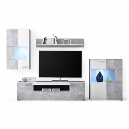 Stella Trading Vulcan Wohnwand Komplett-Set in Beton Optik, Weiß - Moderne Schrankwand mit LED-Beleuchtung für Ihr Wohnzimmer - 290 x 194 x 40 cm (B/H/T) von Stella Trading