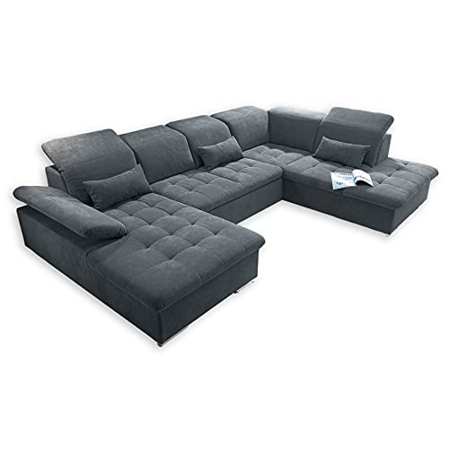 Stella Trading WAYNE Wohnlandschaft in U-Form, Stoffbezug Anthrazit - Ausziehbares Sofa mit Schlaffunktion & Bettkasten - 340 x 81 (104) x 188 (240) cm (B/H/T) von Stella Trading