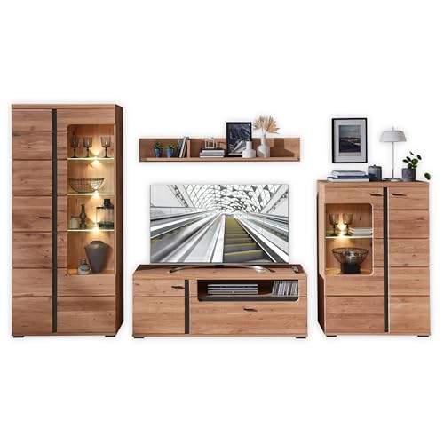 Stella Trading Wohnwand Komplett-Set in Altesche massiv, Old Artisan Oak Optik FSC-Zertifiziert - Moderne Schrankwand mit LED-Beleuchtung für Ihr Wohnzimmer - 360 x 203 x 42 cm (B/H/T) von Stella Trading