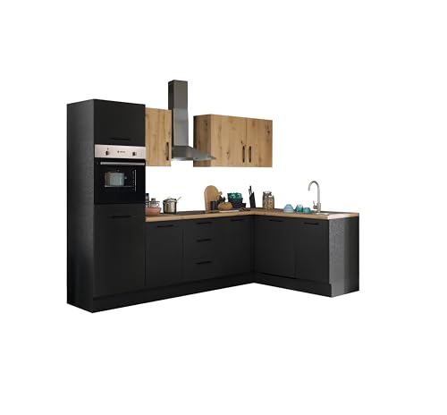 Turin LB Eckküche 280 x 211 x 60 cm, schwarz - Basic Küchengeräte - Moderne, geräumige Küche in Artisan-Eiche Optik mit viel Stauraum von Stella Trading