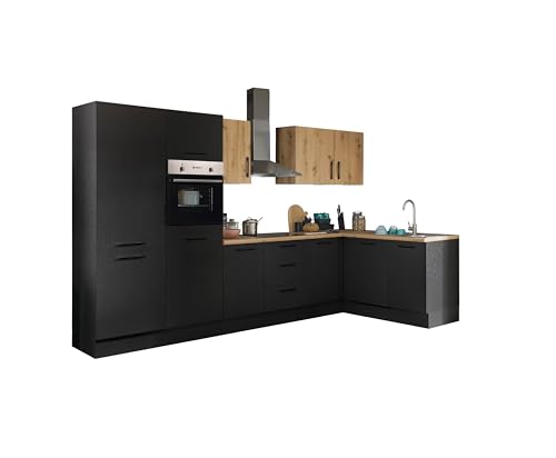 Turin LB Eckküche 340 x 211 x 60 cm, schwarz - Basic Küchengeräte - Moderne, geräumige Küche in Artisan-Eiche Optik mit viel Stauraum von Stella Trading