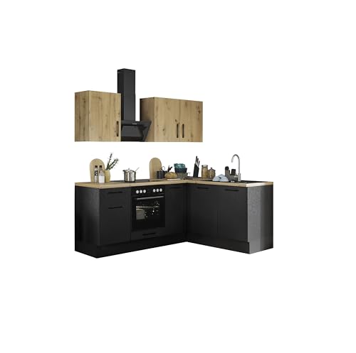 Turin L Eckküche 210 x 211 x 60 cm, schwarz - Premium Küchengeräte - Moderne, geräumige Küche in Artisan-Eiche Optik mit viel Stauraum von Stella Trading