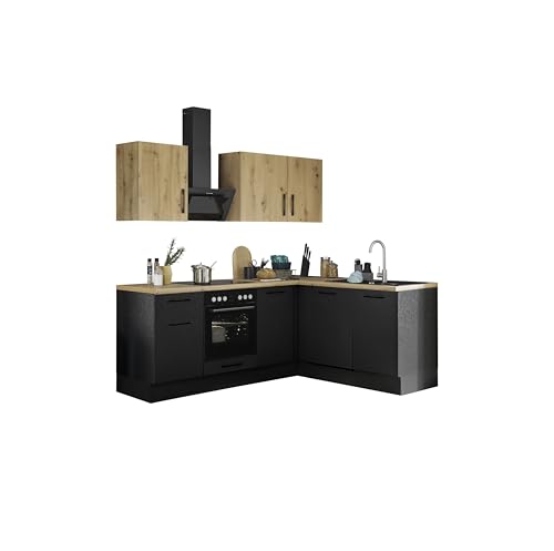 Turin Moderne Eckküche mit Elektrogeräten in Schwarz, Artisan Eiche Optik - Geräumige Küchenzeile in L-Form mit viel Stauraum - 220 x 211 x 60 cm (B/H/T) von Stella Trading