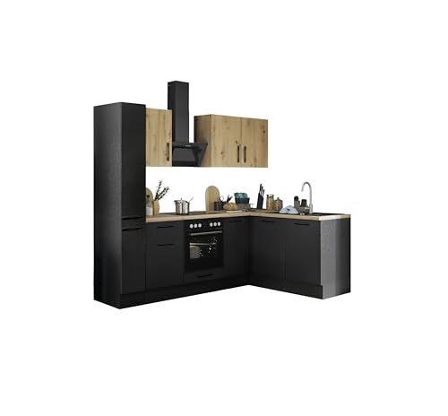 Turin Moderne Eckküche mit Elektrogeräten in Schwarz, Artisan Eiche Optik - Geräumige Küchenzeile in L-Form mit viel Stauraum - 240 x 211 x 60 cm (B/H/T) von Stella Trading