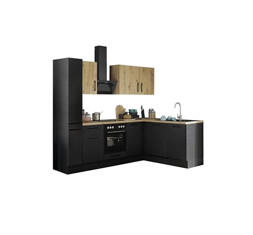 Turin L Eckküche 250 x 211 x 60 cm, schwarz - Premium Küchengeräte - Moderne, geräumige Küche in Artisan-Eiche Optik mit viel Stauraum von Stella Trading