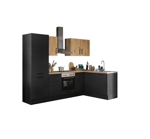 Turin L Eckküche 270 x 211 x 60 cm, schwarz - Basic Küchengeräte - Moderne, geräumige Küche in Artisan-Eiche Optik mit viel Stauraum von Stella Trading