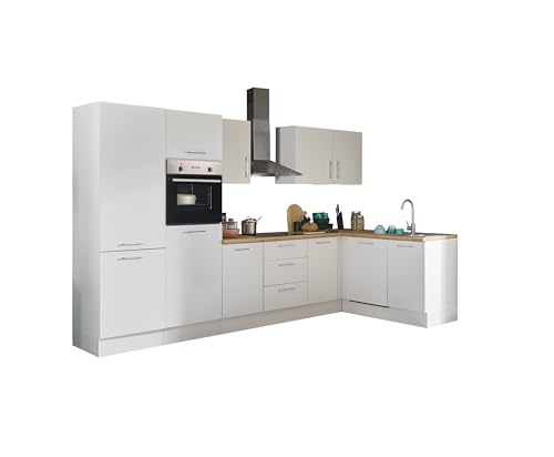 Turin Moderne Eckküche mit Elektrogeräten in Weiß, Artisan Eiche Optik - Geräumige Küchenzeile in L-Form mit viel Stauraum - 340 x 211 x 60 cm (B/H/T) von Stella Trading