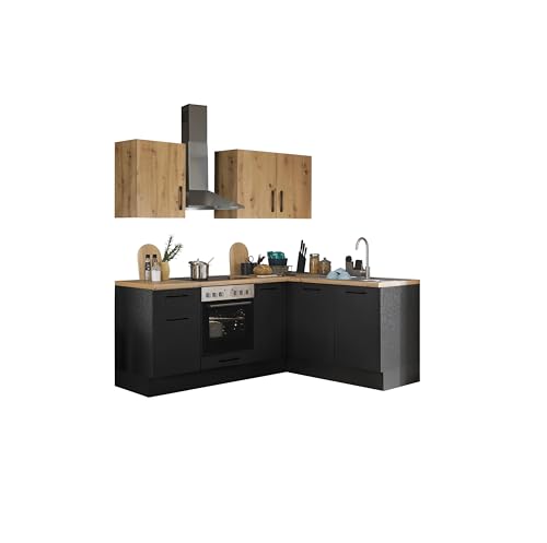 Turin Moderne Eckküche ohne Elektrogeräte in Schwarz, Artisan Eiche Optik - Geräumige Küchenzeile in L-Form mit viel Stauraum - 210 x 211 x 60 cm (B/H/T) von Stella Trading