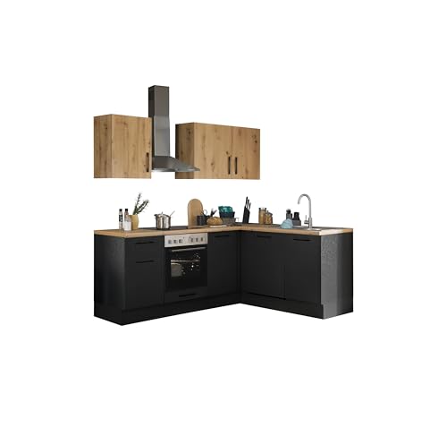 Turin Moderne Eckküche ohne Elektrogeräte in Schwarz, Artisan Eiche Optik - Geräumige Küchenzeile in L-Form mit viel Stauraum - 220 x 211 x 60 cm (B/H/T) von Stella Trading