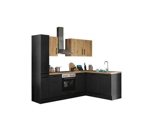 Turin Moderne Eckküche ohne Elektrogeräte in Schwarz, Artisan Eiche Optik - Geräumige Küchenzeile in L-Form mit viel Stauraum - 250 x 211 x 60 cm (B/H/T) von Stella Trading