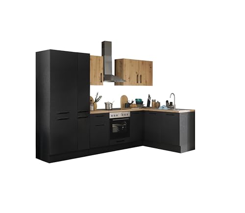 Turin Moderne Eckküche ohne Elektrogeräte in Schwarz, Artisan Eiche Optik - Geräumige Küchenzeile in L-Form mit viel Stauraum - 300 x 211 x 60 cm (B/H/T) von Stella Trading