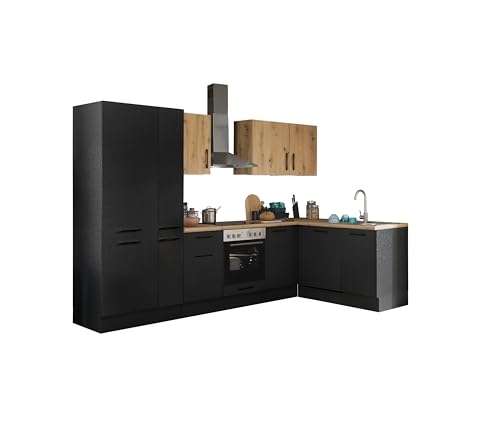 Turin Moderne Eckküche ohne Elektrogeräte in Schwarz, Artisan Eiche Optik - Geräumige Küchenzeile in L-Form mit viel Stauraum - 310 x 211 x 60 cm (B/H/T) von Stella Trading