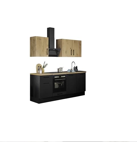Turin Moderne Küchenzeile mit Elektrogeräten in Schwarz, Artisan Eiche Optik - Geräumige Einbauküche mit viel Stauraum - 210 x 211 x 60 cm (B/H/T) von Stella Trading