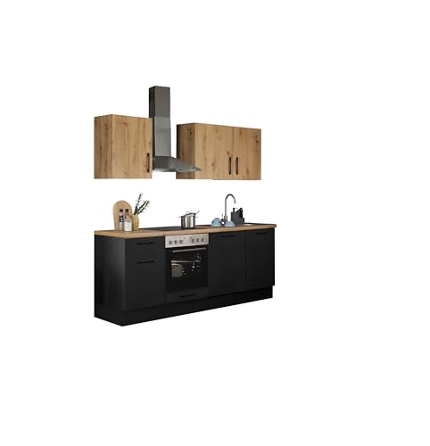 Turin Z Küchenzeile 220 x 211 x 60 cm, schwarz - Basic Küchengeräte - Moderne, geräumige Küche in Artisan-Eiche Optik mit viel Stauraum von Stella Trading