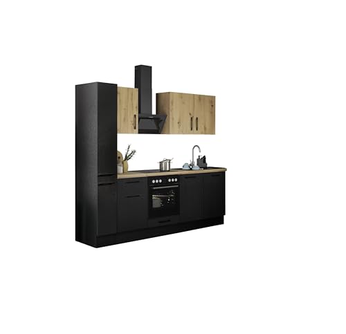 Turin Moderne Küchenzeile mit Elektrogeräten in Schwarz, Artisan Eiche Optik - Geräumige Einbauküche mit viel Stauraum - 240 x 211 x 60 cm (B/H/T) von Stella Trading