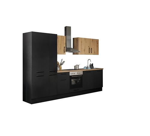 Turin Z Küchenzeile 310 x 211 x 60 cm, schwarz - Basic Küchengeräte - Moderne, geräumige Küche in Artisan-Eiche Optik mit viel Stauraum von Stella Trading