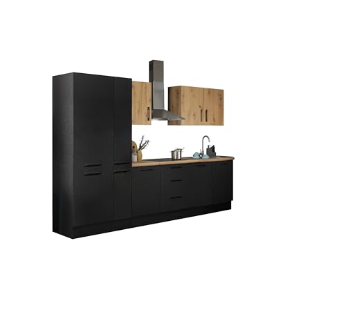 Turin Z Küchenzeile 300 x 211 x 60 cm, schwarz - Basic Küchengeräte - Moderne, geräumige Küche in Artisan-Eiche Optik mit viel Stauraum von Stella Trading
