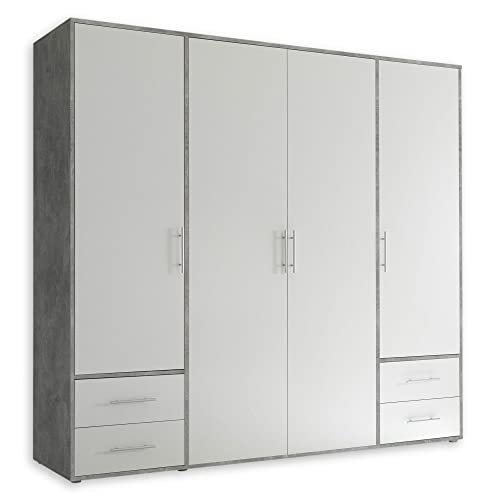 Stella Trading Kleiderschrank in Beton Optik, Weiß - Vielseitiger Drehtürenschrank 4-türig mit viel Stauraum für Ihr Schlafzimmer - 206 x 195 x 60 cm (B/H/T) von Stella Trading