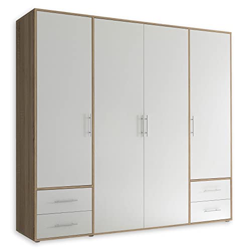 Stella Trading Kleiderschrank in Eiche Sonoma Optik, Weiß - Vielseitiger Drehtürenschrank 4-türig mit viel Stauraum für Ihr Schlafzimmer - 206 x 195 x 60 cm (B/H/T) von Stella Trading