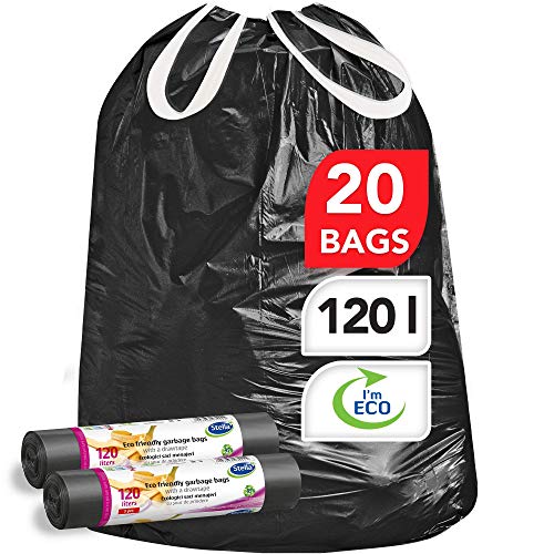 Stella pack Müllbeutel 120l Mit Zugband Schwarze Müllsäcke 120l Mülltüten Robust Recyclebar Extra Stark Ideal Für Müllsack 120l Zugband Heavy-Duty Flexibel Und Nachhaltig von Stella pack