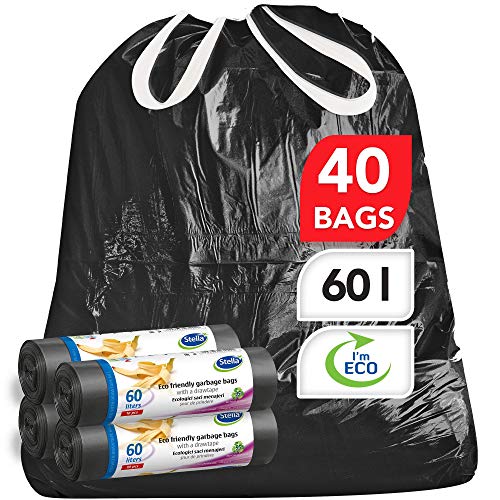 Stella pack Müllbeutel 60l 40 Stück Schwarz aus 100% Recyceltem Plastik Reißfest mit Zugband Nachhaltig Extra Stark für Haushalt Outdoor Perforiert Easy Abtrennbar von Stella pack