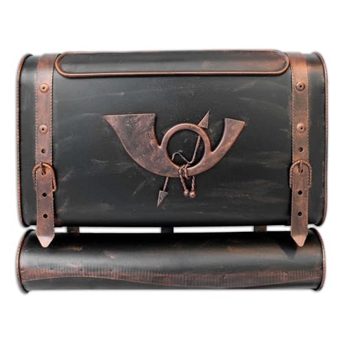 Stelling® Briefkasten Retro Alter Koffer mit Posthorn Postkasten mit Zeitungsfach Vintage Schwarz Gold Kupfer Silber Wandbriefkasten Antik Design Farbe: Schwarz-Kupfer | Entnahme: Links von Stelling