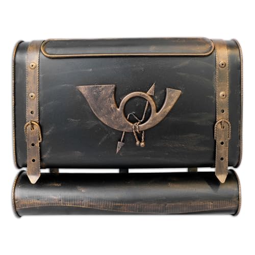 Stelling® Briefkasten Retro Alter Koffer mit Posthorn Postkasten mit Zeitungsfach Vintage Schwarz Gold Kupfer Silber Wandbriefkasten Antik Design Farbe: Schwarz-Gold | Entnahme: Links von Stelling