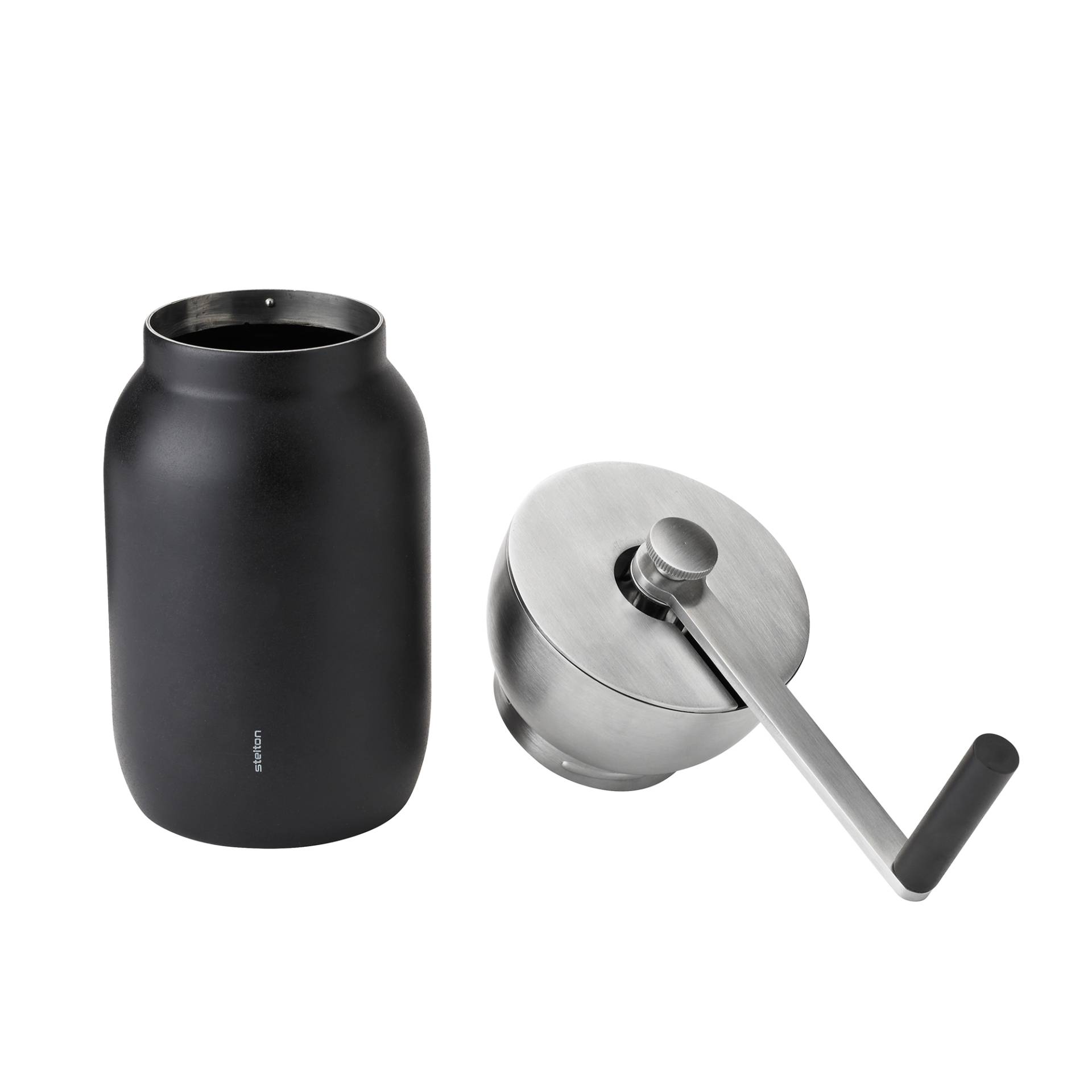 Stelton - Collar Kaffeemühle mit Deckel - Edelstahl/schwarz/Mühle: Edelstahl, Keramik/Behälter: Edelstahl mit Teflonbeschichtung/LxBxH 16x8,8x19,5cm/ von Stelton