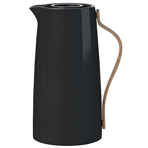 Stelton Kaffee-Isolierkanne Emma - Edelstahl-Thermoeinsatz, doppelwandig isoliert - Thermoskanne/Kaffeekanne/Teekanne mit Buchenholzgriff, Easy-Click-Deckel - 1,2 Liter, glänzendes Finish, Schwarz von Stelton