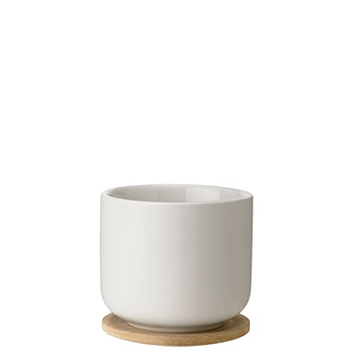 Stelton Teebecher Theo - Trinkbecher für Tee, Kaffee & heiße Schokolade - Steinzeug, gusseiserne Außenseite, glasierte Innenseite - Deckel aus nachhaltigem Bambusholz - Sandfarben, 0,2 Liter von Stelton