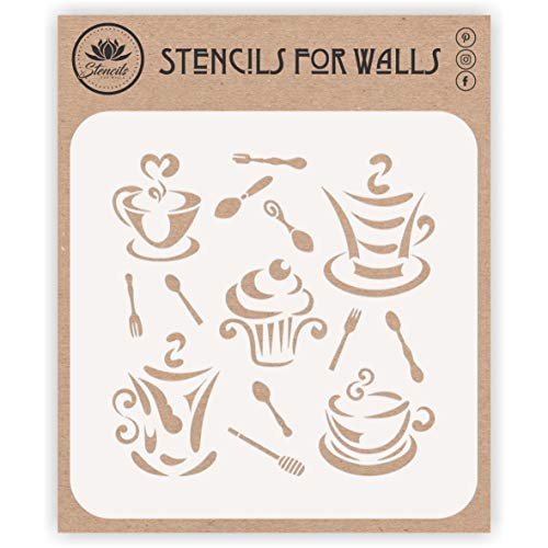 Coffee n Cake Schablone, 16,51 x 16,51 cm (M) – stilisierte dekorative Bilder Kaffeetasse und Cupcake Schablonen Schablone zum Bemalen von Craft Kreatively