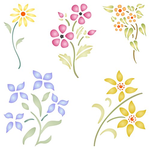 Floral Set Schablone – wiederverwendbar Blumen Flora Pflanzen Wand Schablone – Vorlage, auf Papier Projekte Scrapbook Bullet Tagebuch Wände Böden Stoff Möbel Glas Holz usw. Größe S von Stencil Company