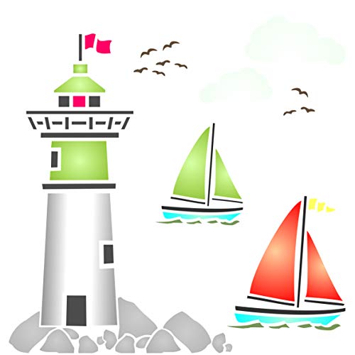 Leuchtturm-Schablone – Wiederverwendbare Schablone Seeozean nautische Segelboot Wolken Wandschablone – Verwendung auf Papierprojekten Scrapbook Bullet Journal Wände Böden Stoff Möbel Glas Holz usw. m von Stencil Company