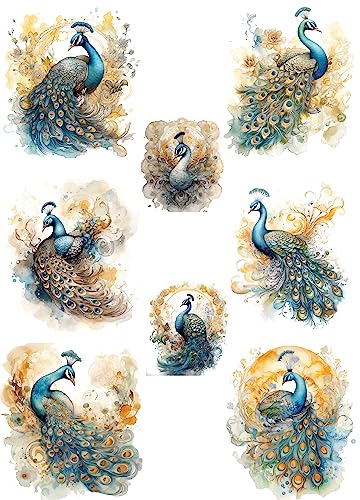 Pfauen-Reispapier, 29,21 x 40,64 cm, 8 einzigartige Pfauenbilder, gedruckt auf 36 g/m² Maulbeerpapier, sichtbare Fasern für Decoupage-Möbel, Renovierungsarbeiten. von Craft Kreatively