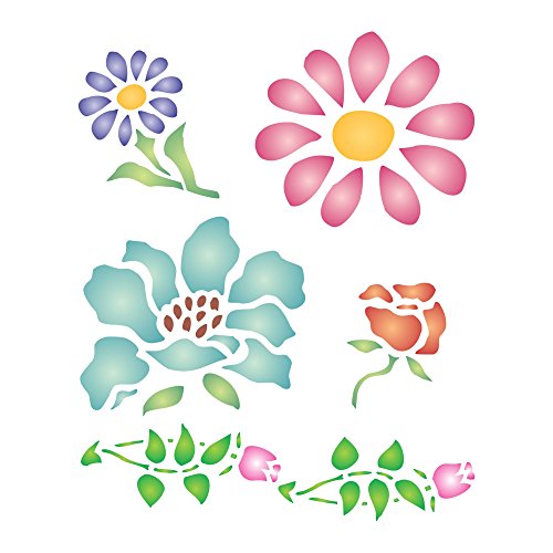 Schablone mit Blumen-Motiv, wiederverwendbar, kleine Blumen, Blätter, Knospen, Wandschablone Größe S von Stencil Company