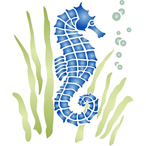 Seepferdchen-Schablone – 19 x 21,5 cm (L) – Wiederverwendbare Meer-Ozean-Schablone – Meeresküste Riff Wand-Schablone von Stencil Company