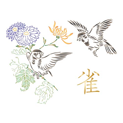 Squabbling Spatzen Schablone 33,02 x 25,40 cm – Asiatisch Orientalische Blumen Vögel Tier Schablonen von Stencil Company