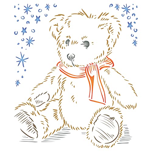 Teddybär-Schablone, 21,5 x 21,5 cm (M) – flauschiger Tatty Scruffy Teddy Schal Sterne Kinder Design Big Kinderzimmer Schablonen für Malvorlage von Craft Kreatively